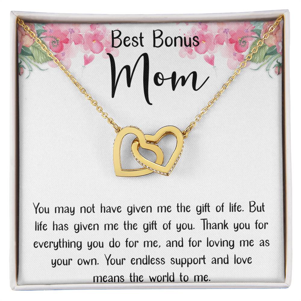 Best Bonus Mom Interlocking Hearts Necklace Message Card