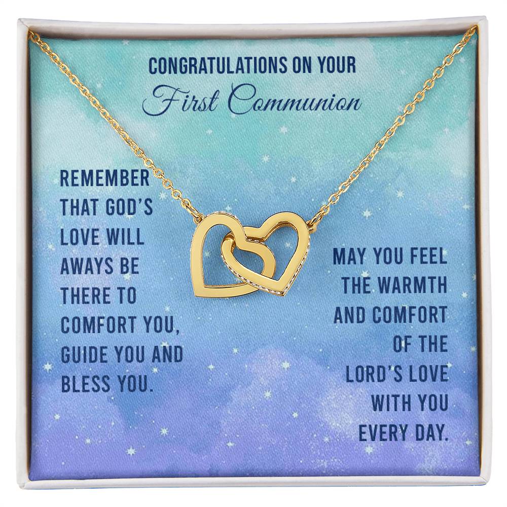 Congratulations On Your First Communion - Remember That God'S Love Will Aways Be There To Comfort You Guide You And Bless - Necklace Interlocking Hearts Necklace