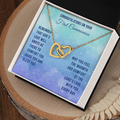 Congratulations On Your First Communion - Remember That God'S Love Will Aways Be There To Comfort You Guide You And Bless - Necklace Interlocking Hearts Necklace