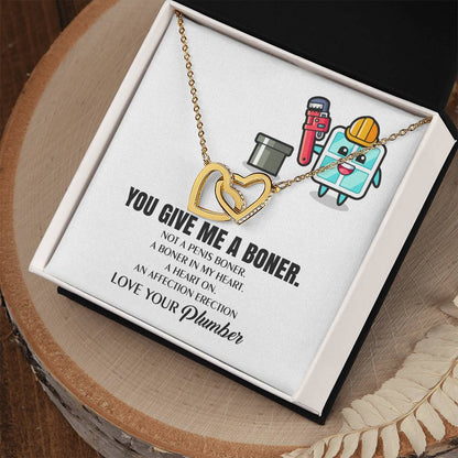 You Give Me A Heart Boner An Affection Erection Interlocking Heart Necklace Funny & Sarcastic Love For Her Mature Gag Plumber'S Wife Funny Gift Interlocking Hearts Necklace