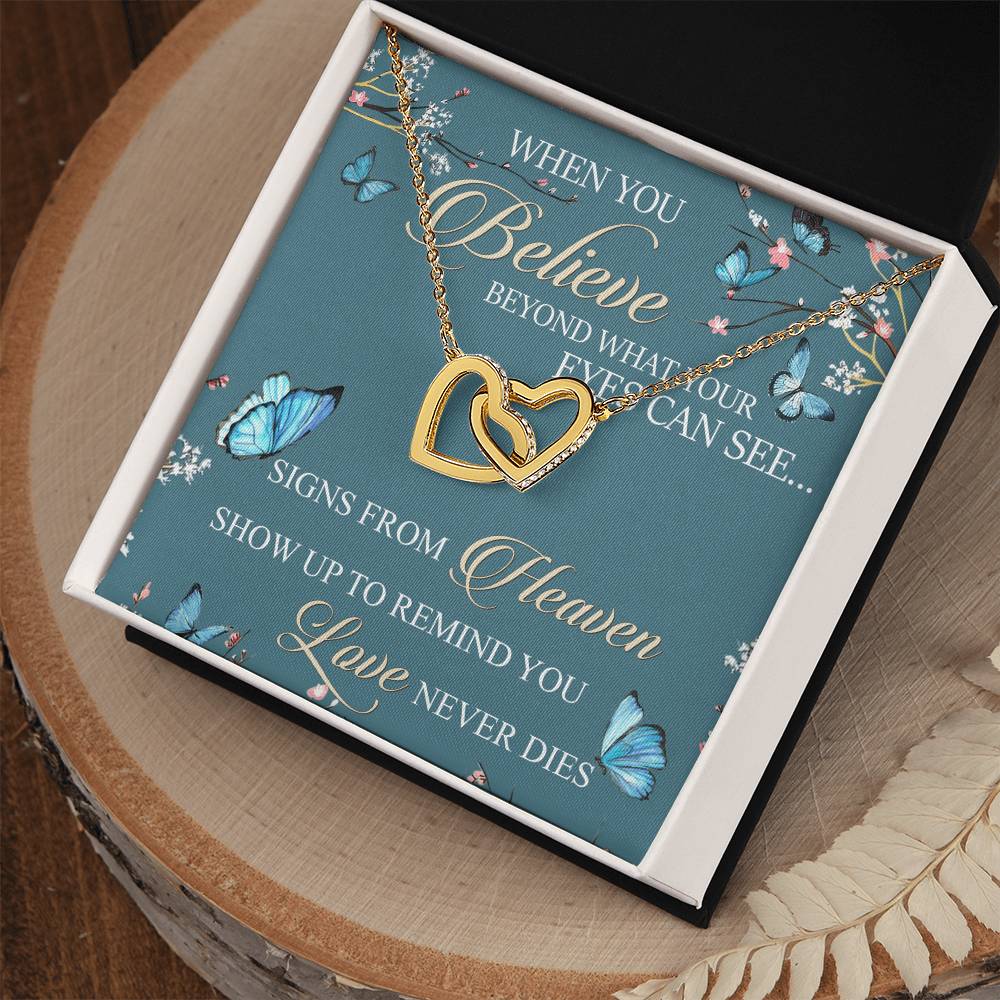 When You Believe Beyond What Your Eyes Interlocking Hearts Necklace Message Card