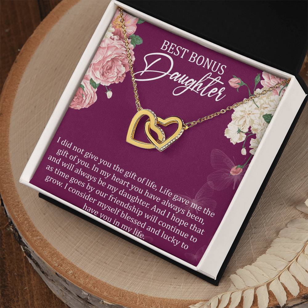 Best Bonus Daughter Interlocking Hearts Necklace Message Card