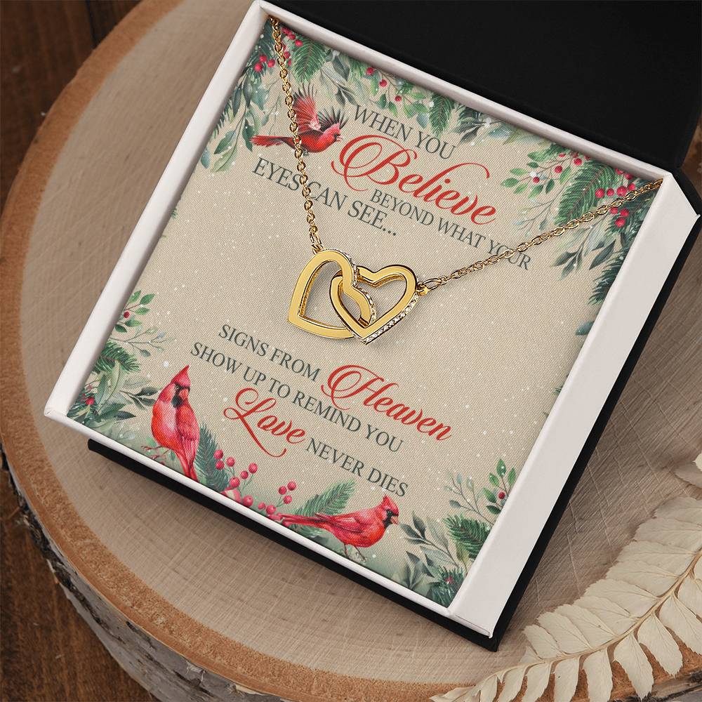 When You Believe Beyond What Your Eyes Interlocking Hearts Necklace Message Card