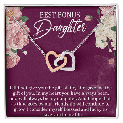 Best Bonus Daughter Interlocking Hearts Necklace Message Card