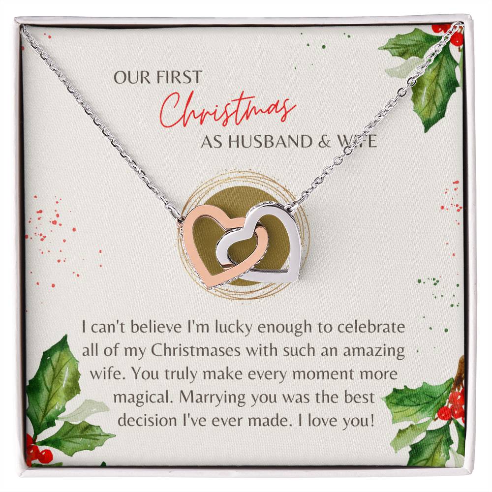 First Christmas Husband & Wife Interlocking Hearts Necklace Cream Holly