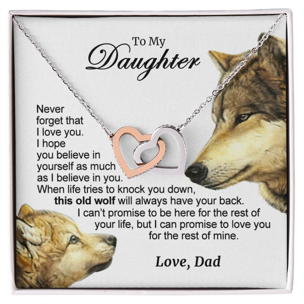For Your Daughter - This Old Wolf Will Always Have Your Back Interlocking Hearts Necklace