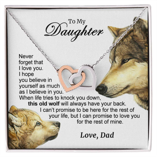 For Your Daughter - This Old Wolf Will Always Have Your Back Interlocking Hearts Necklace