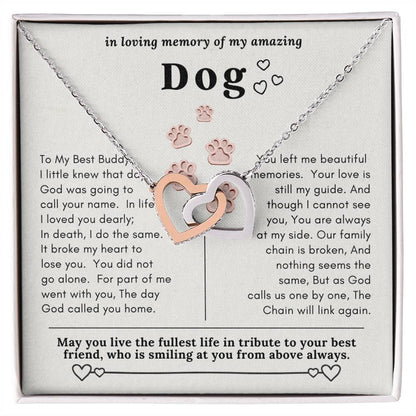 Dog Memorial In Loving Memory Necklace Set Message Card Jewelry Box Interlocking Hearts Necklace
