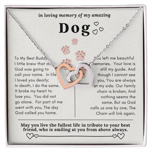 Dog Memorial In Loving Memory Necklace Set Message Card Jewelry Box Interlocking Hearts Necklace