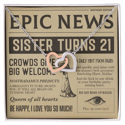 21St Birthday Gift Necklace Birthday Gift For Sister With Unique Message Card Interlocking Hearts Necklace