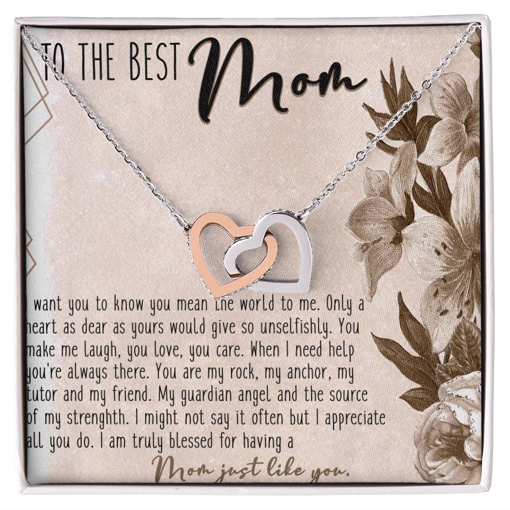 To The Best Mom Interlocking Hearts Necklace Message Card