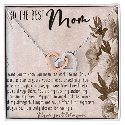 To The Best Mom Interlocking Hearts Necklace Message Card