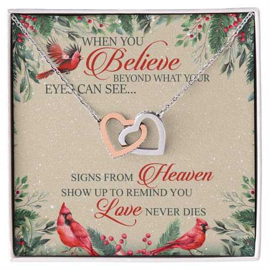 When You Believe Beyond What Your Eyes Interlocking Hearts Necklace Message Card