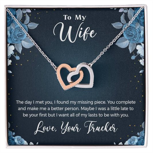 To Wife - From Trucker - You Complete Me Necklace Interlocking Hearts Necklace
