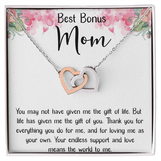 Best Bonus Mom Interlocking Hearts Necklace Message Card