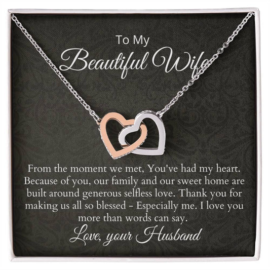 Anniversary Birthday Gift For Wife - Necklace & Message Card Interlocking Hearts Necklace