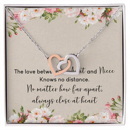 Aunt And Niece The Love No Distance Interlocking Hearts Necklace Birthday Message Card Gift