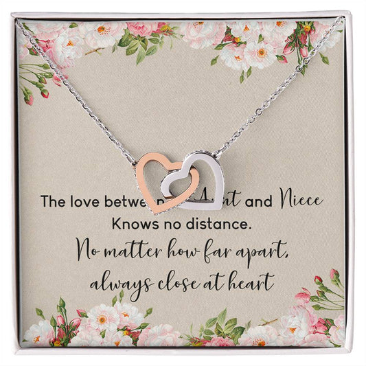 Aunt And Niece The Love No Distance Interlocking Hearts Necklace Birthday Message Card Gift