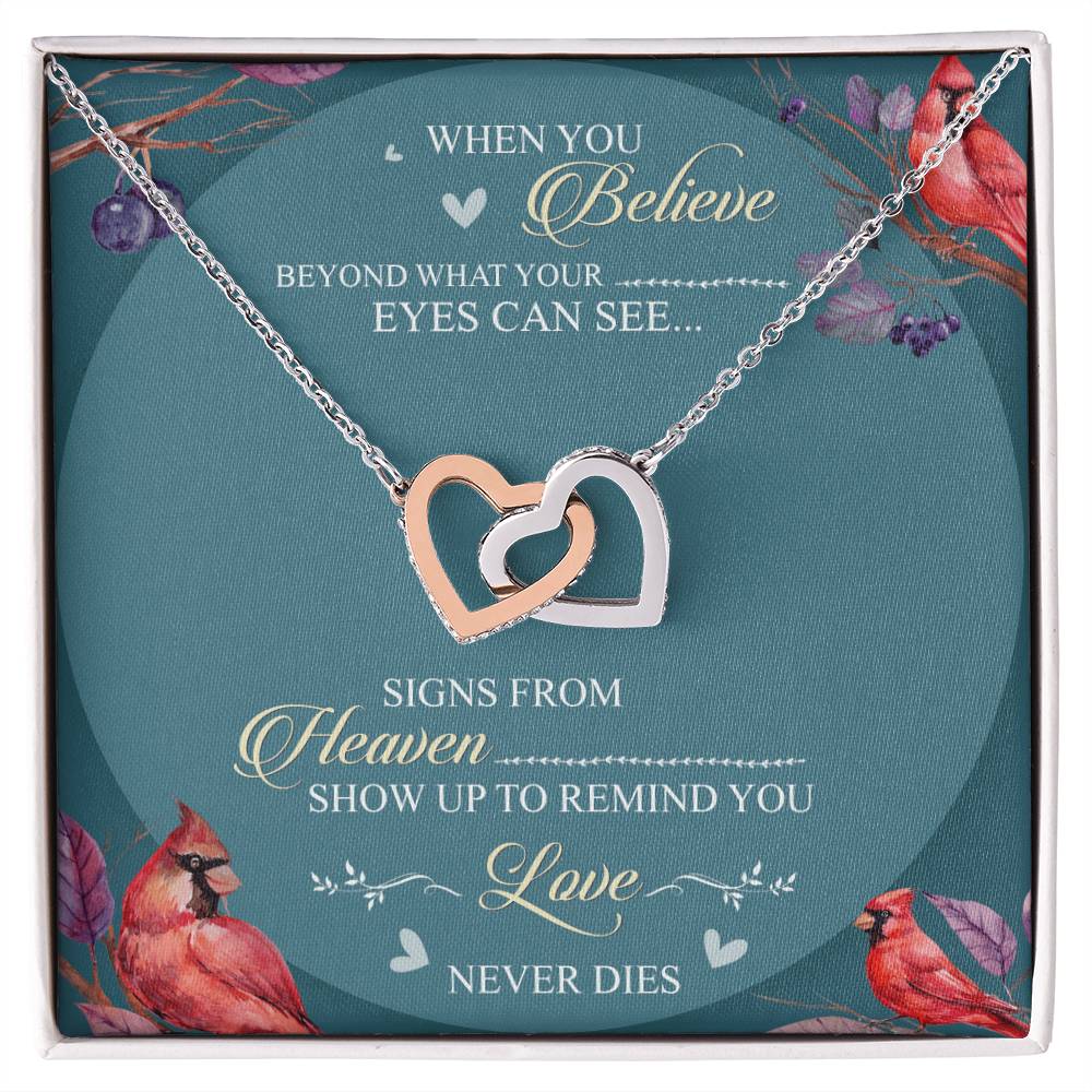 When You Believe Beyond What Your Eyes Interlocking Hearts Necklace Message Card