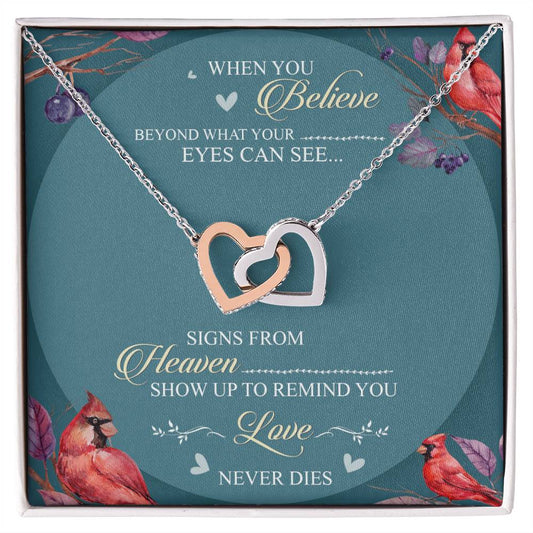 When You Believe Beyond What Your Eyes Interlocking Hearts Necklace Message Card