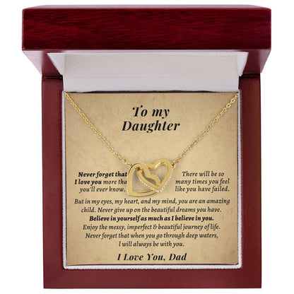 Gift For Daughter From Dad- Never Forget That When You Go Through Deep Watersl Will Always Be With You. Interlocking Hearts Necklace