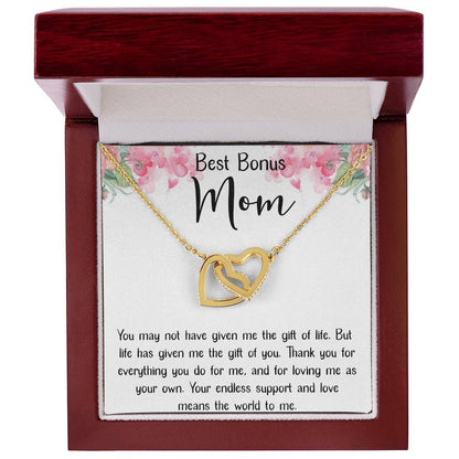 Best Bonus Mom Interlocking Hearts Necklace Message Card