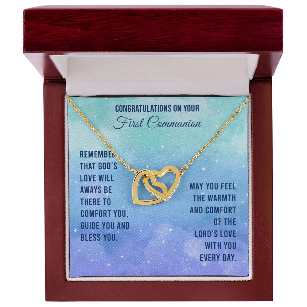 Congratulations On Your First Communion - Remember That God'S Love Will Aways Be There To Comfort You Guide You And Bless - Necklace Interlocking Hearts Necklace
