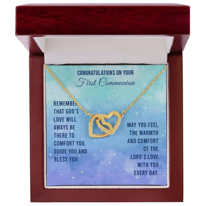 Congratulations On Your First Communion - Remember That God'S Love Will Aways Be There To Comfort You Guide You And Bless - Necklace Interlocking Hearts Necklace