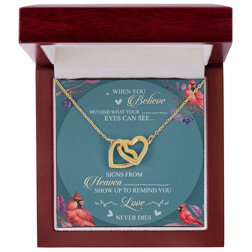 When You Believe Beyond What Your Eyes Interlocking Hearts Necklace Message Card