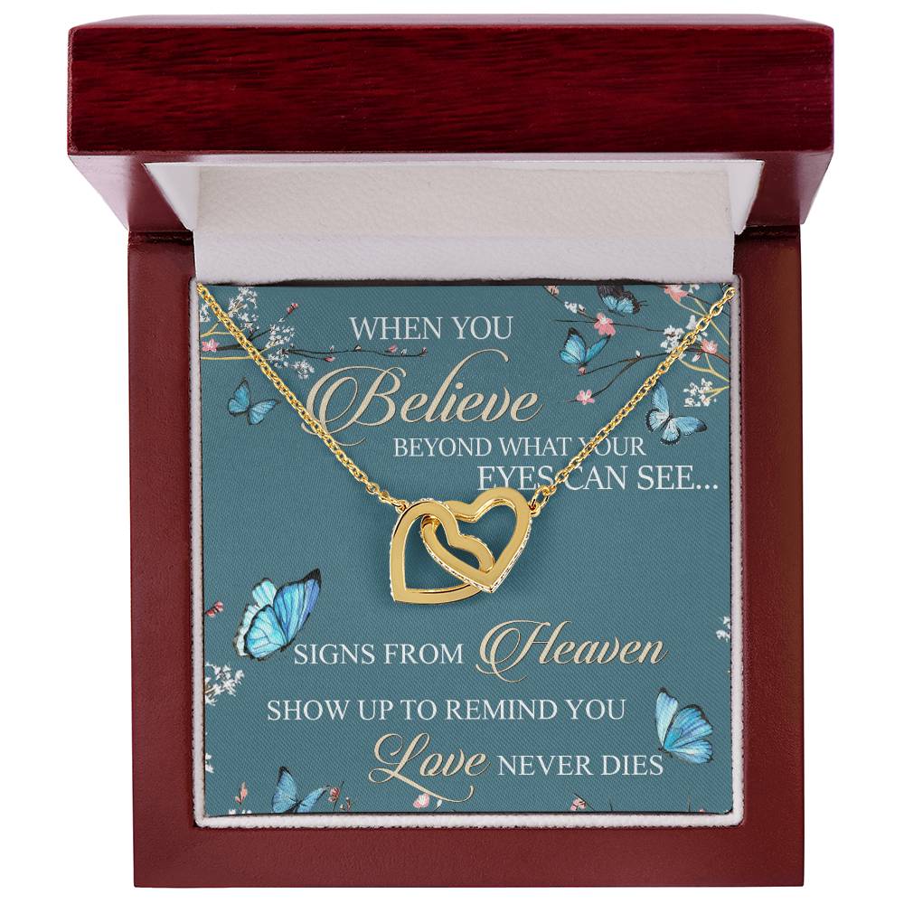 When You Believe Beyond What Your Eyes Interlocking Hearts Necklace Message Card