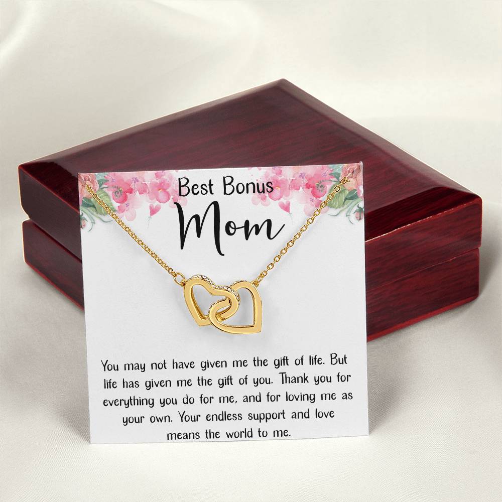 Best Bonus Mom Interlocking Hearts Necklace Message Card