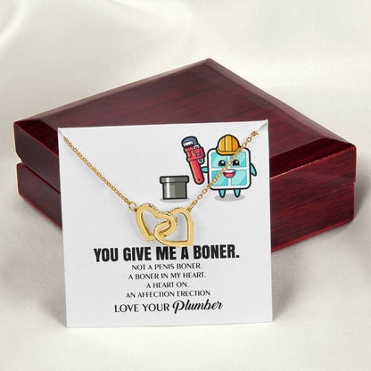 You Give Me A Heart Boner An Affection Erection Interlocking Heart Necklace Funny & Sarcastic Love For Her Mature Gag Plumber'S Wife Funny Gift Interlocking Hearts Necklace