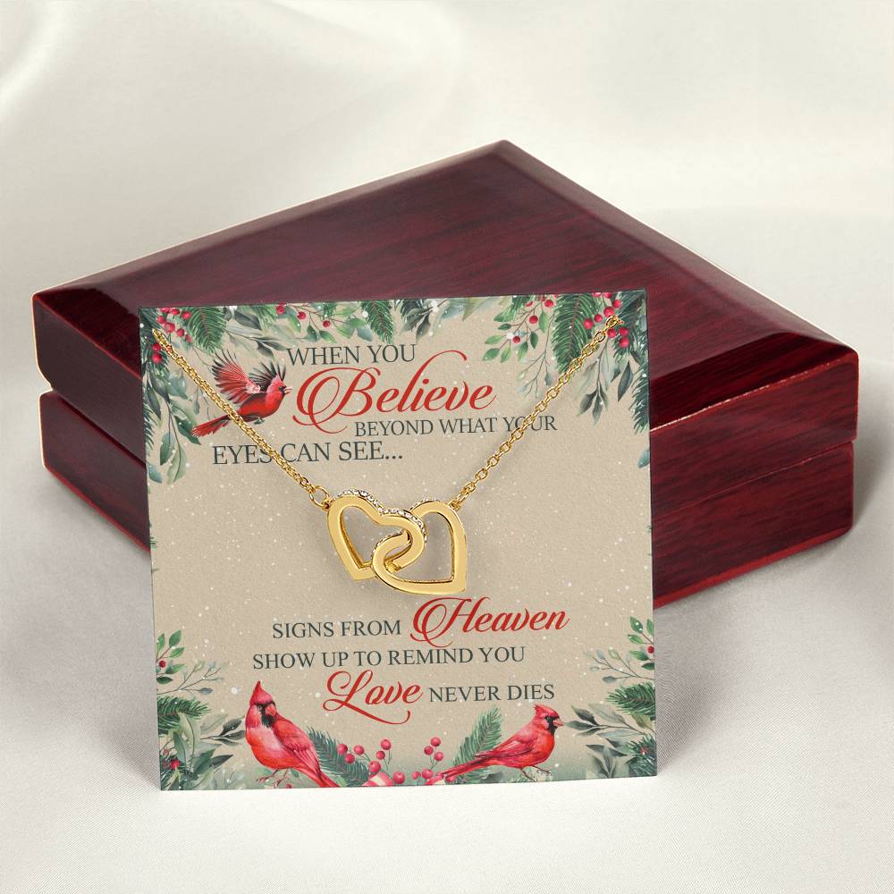 When You Believe Beyond What Your Eyes Interlocking Hearts Necklace Message Card