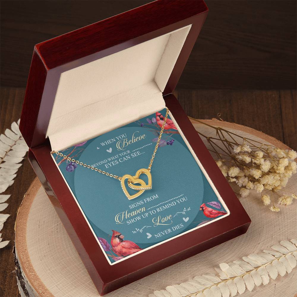 When You Believe Beyond What Your Eyes Interlocking Hearts Necklace Message Card