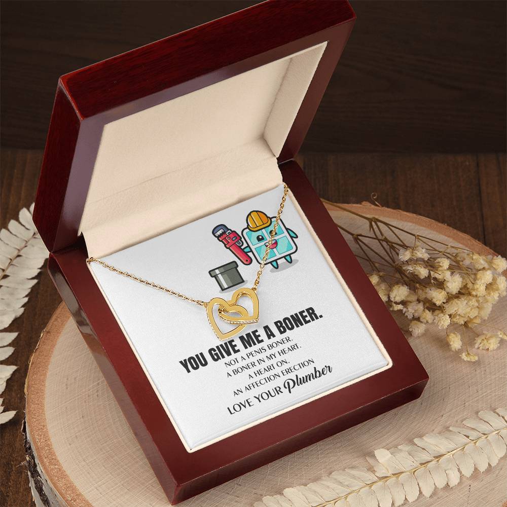 You Give Me A Heart Boner An Affection Erection Interlocking Heart Necklace Funny & Sarcastic Love For Her Mature Gag Plumber'S Wife Funny Gift Interlocking Hearts Necklace