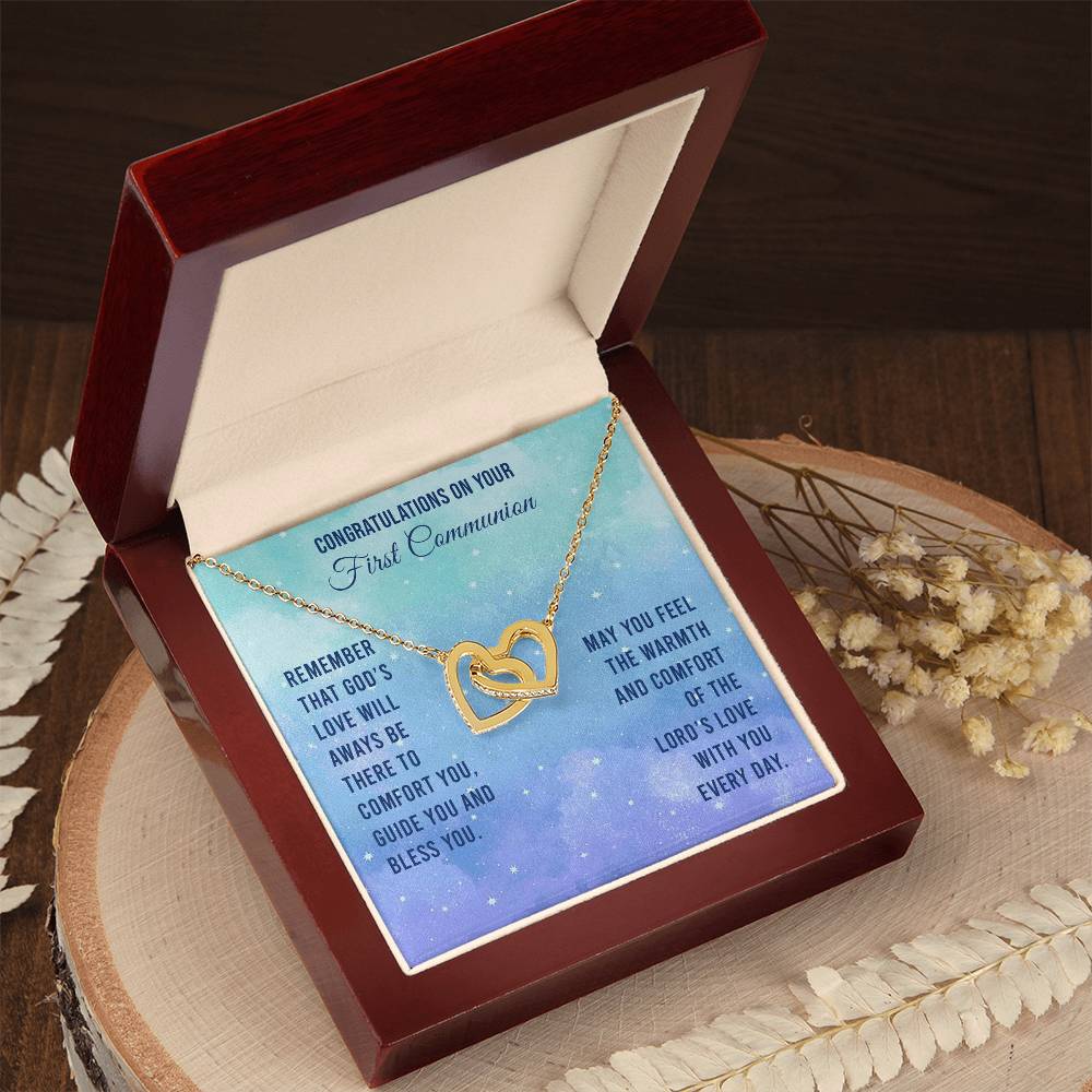 Congratulations On Your First Communion - Remember That God'S Love Will Aways Be There To Comfort You Guide You And Bless - Necklace Interlocking Hearts Necklace