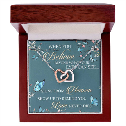 When You Believe Beyond What Your Eyes Interlocking Hearts Necklace Message Card