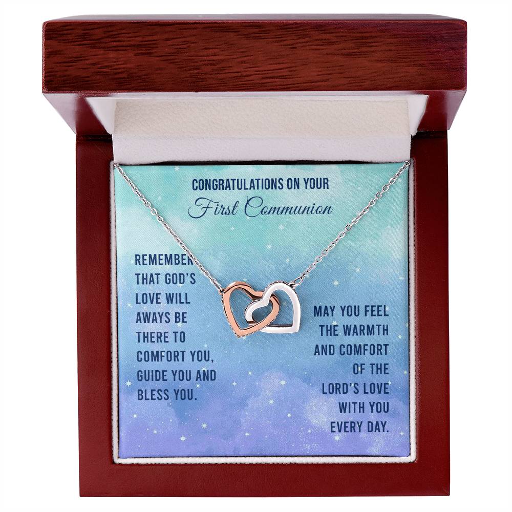 Congratulations On Your First Communion - Remember That God'S Love Will Aways Be There To Comfort You Guide You And Bless - Necklace Interlocking Hearts Necklace