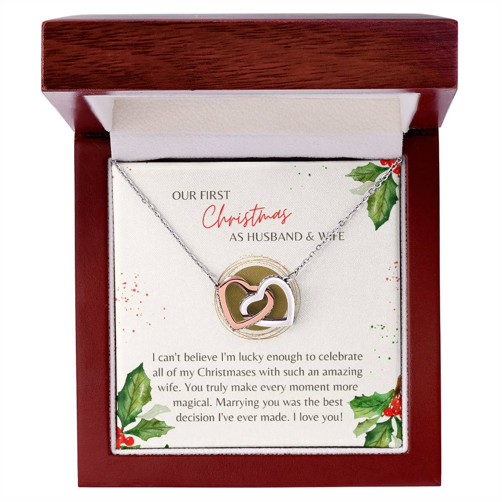 First Christmas Husband & Wife Interlocking Hearts Necklace Cream Holly