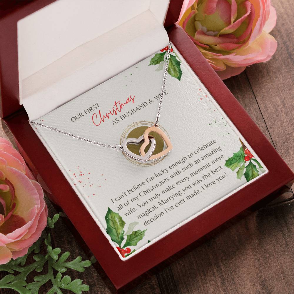 First Christmas Husband & Wife Interlocking Hearts Necklace Cream Holly