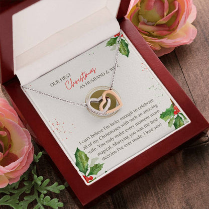 First Christmas Husband & Wife Interlocking Hearts Necklace Cream Holly