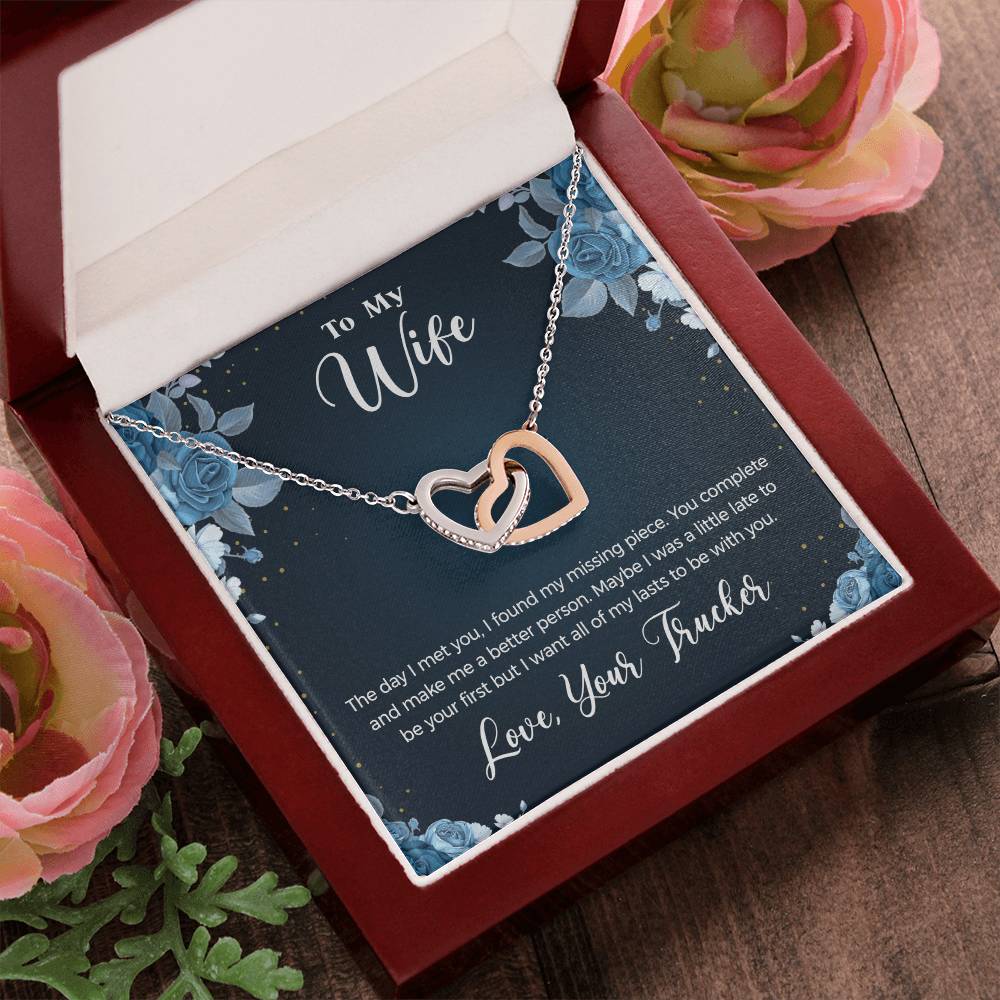 To Wife - From Trucker - You Complete Me Necklace Interlocking Hearts Necklace