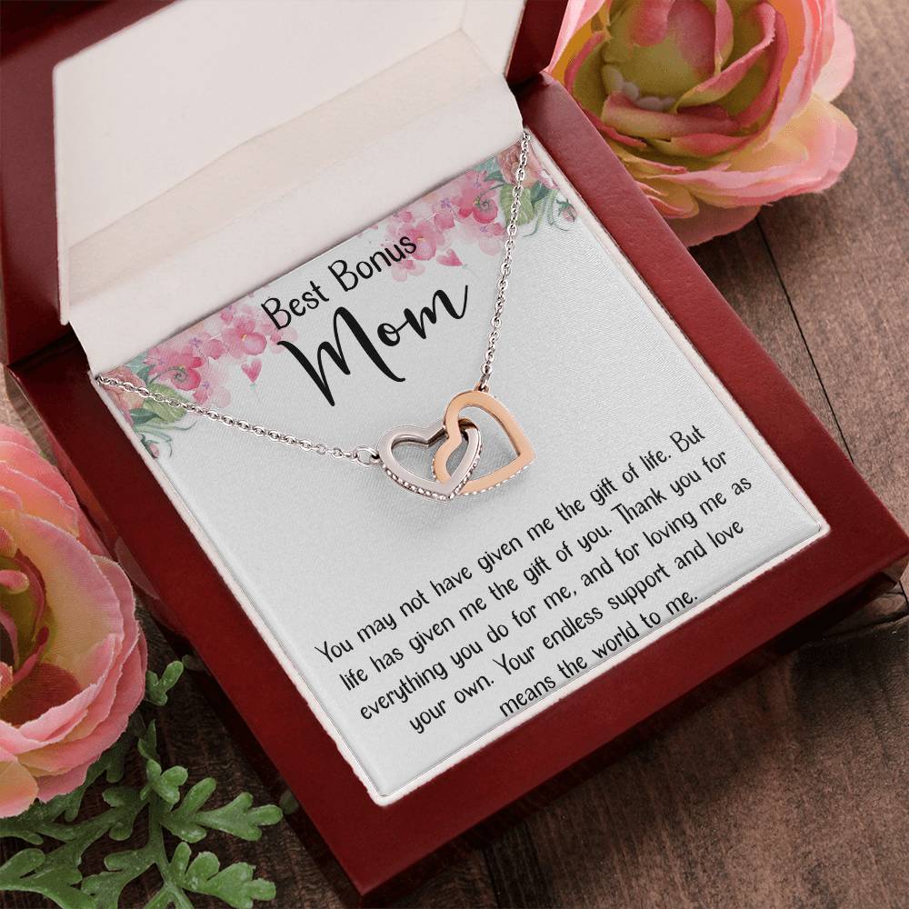 Best Bonus Mom Interlocking Hearts Necklace Message Card