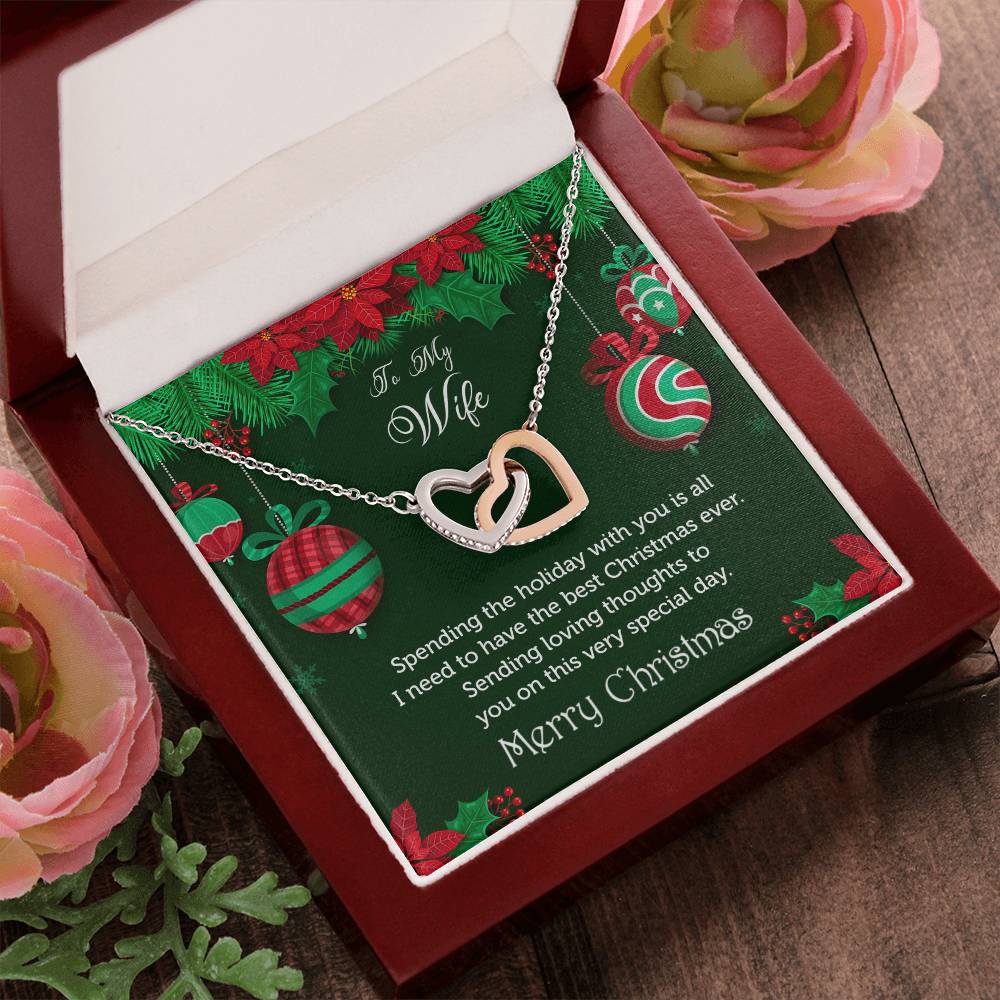 To My Wife - Merry Christmas Rose Gold And Silver Double Heart Necklace Interlocking Hearts Necklace