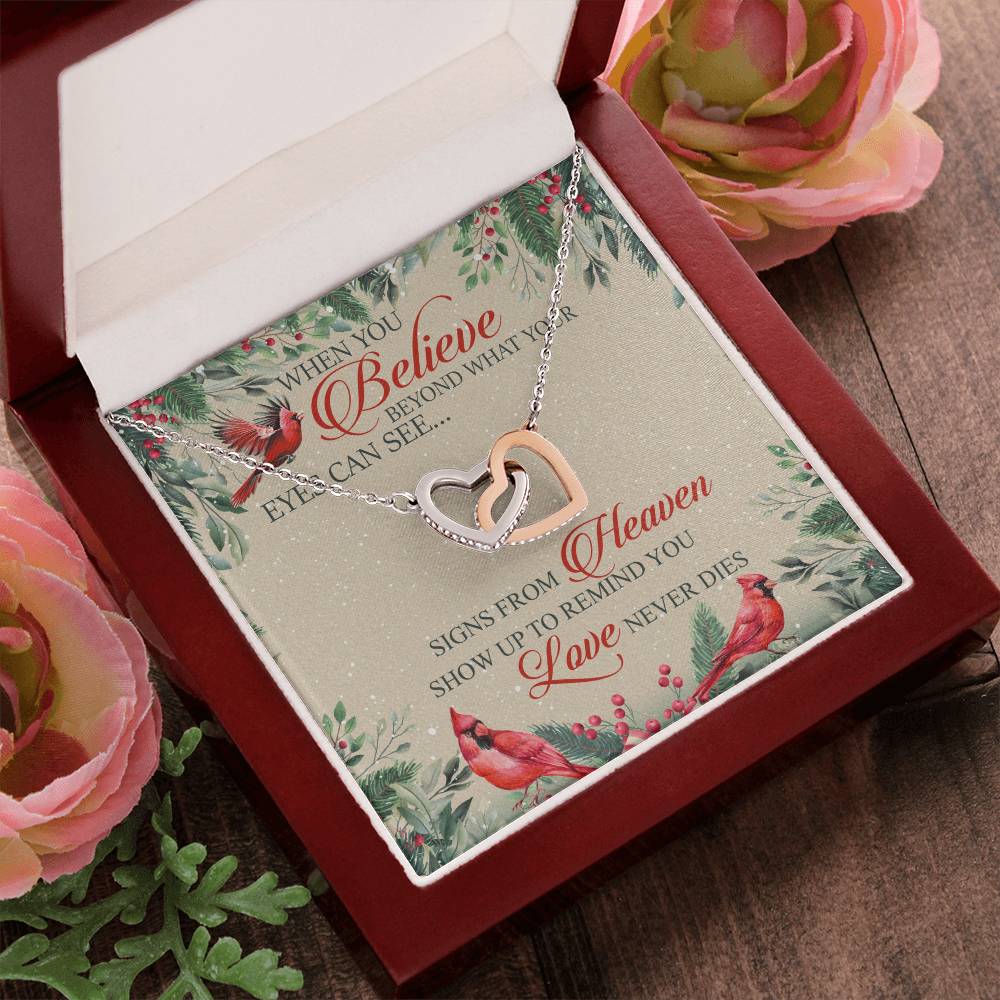 When You Believe Beyond What Your Eyes Interlocking Hearts Necklace Message Card