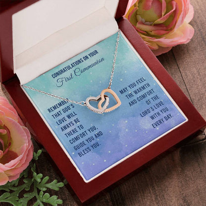 Congratulations On Your First Communion - Remember That God'S Love Will Aways Be There To Comfort You Guide You And Bless - Necklace Interlocking Hearts Necklace
