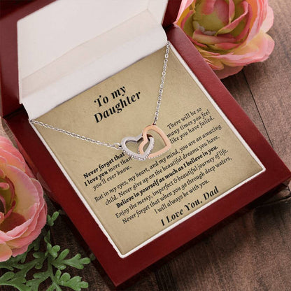 Gift For Daughter From Dad- Never Forget That When You Go Through Deep Watersl Will Always Be With You. Interlocking Hearts Necklace