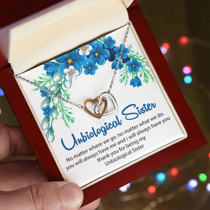 Unbiological Sister Necklace. Interlocking Hearts Necklace