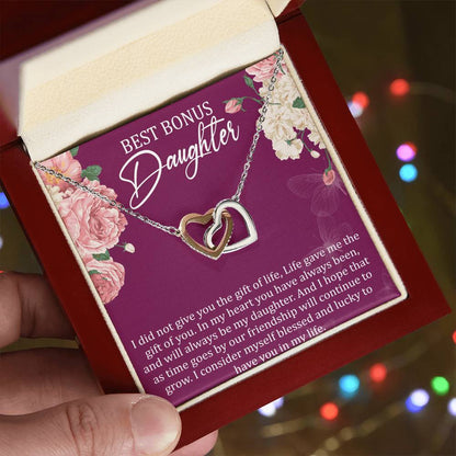 Best Bonus Daughter Interlocking Hearts Necklace Message Card