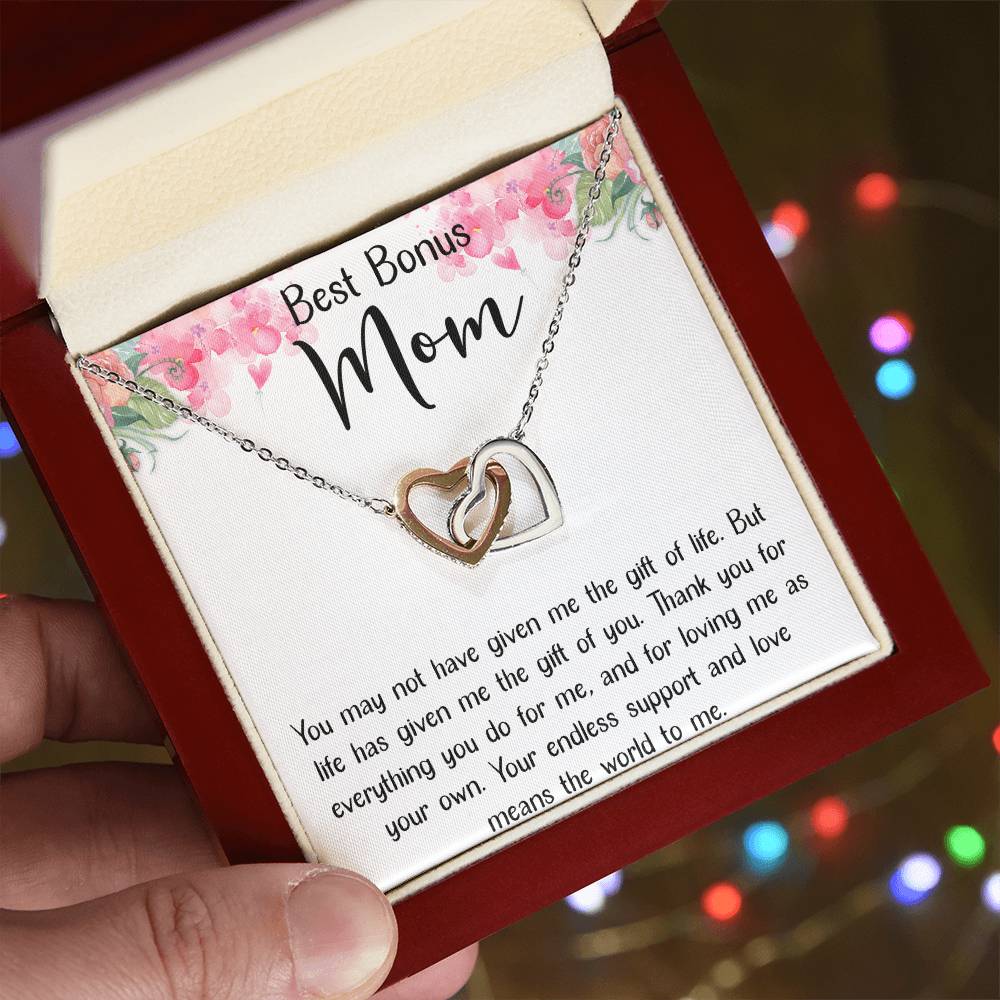 Best Bonus Mom Interlocking Hearts Necklace Message Card